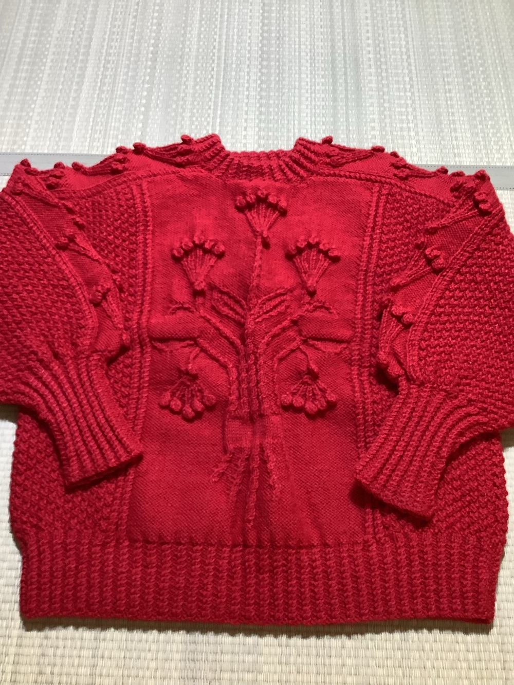 Red Hand Loomed Wool Sweater with Floral Detail Chunky Knit Balloon Sleeves